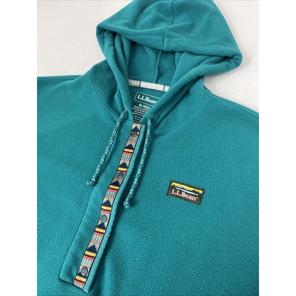 LL Bean Trail Fleece Womens Med Half Snap Hoodie Sweatshirt Aztec Teal Pull Over